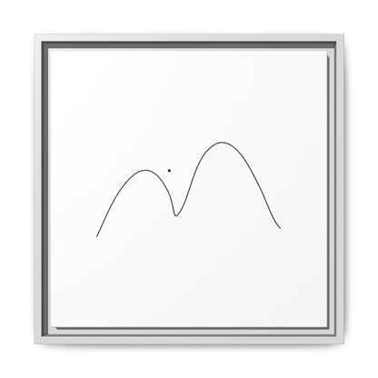 Framed minimalist mountain line art on matte canvas by Printify, showcasing simple black mountain outline on white background.