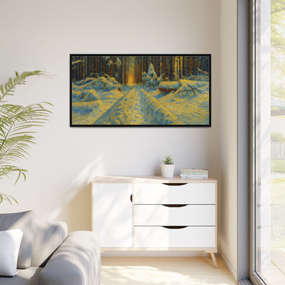Framed matte canvas print of a snowy forest path at sunset, showcasing warm colors and detailed winter landscape art.