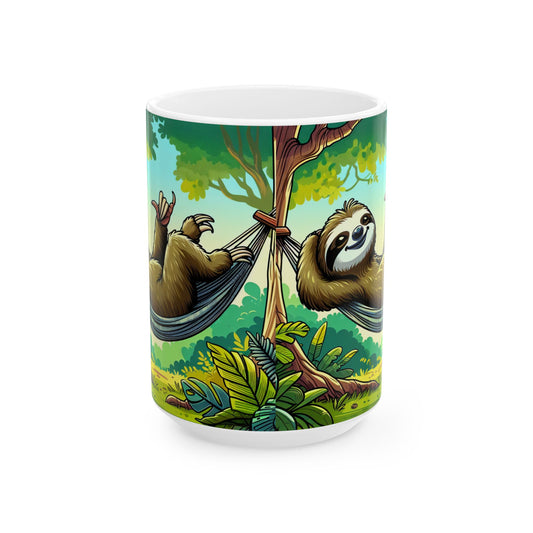 Printify sloth lovers mug featuring a cute jungle-themed design, perfect for nature fans to enjoy coffee or tea.