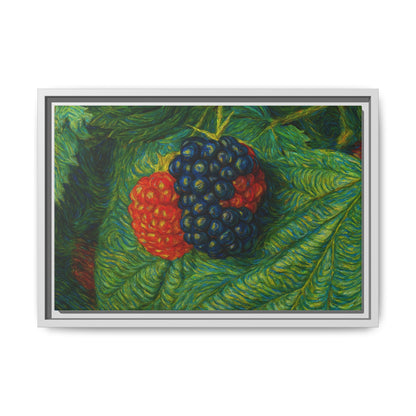 Blackberry still life framed canvas print by Printify, featuring detailed blackberries on a textured canvas surface.