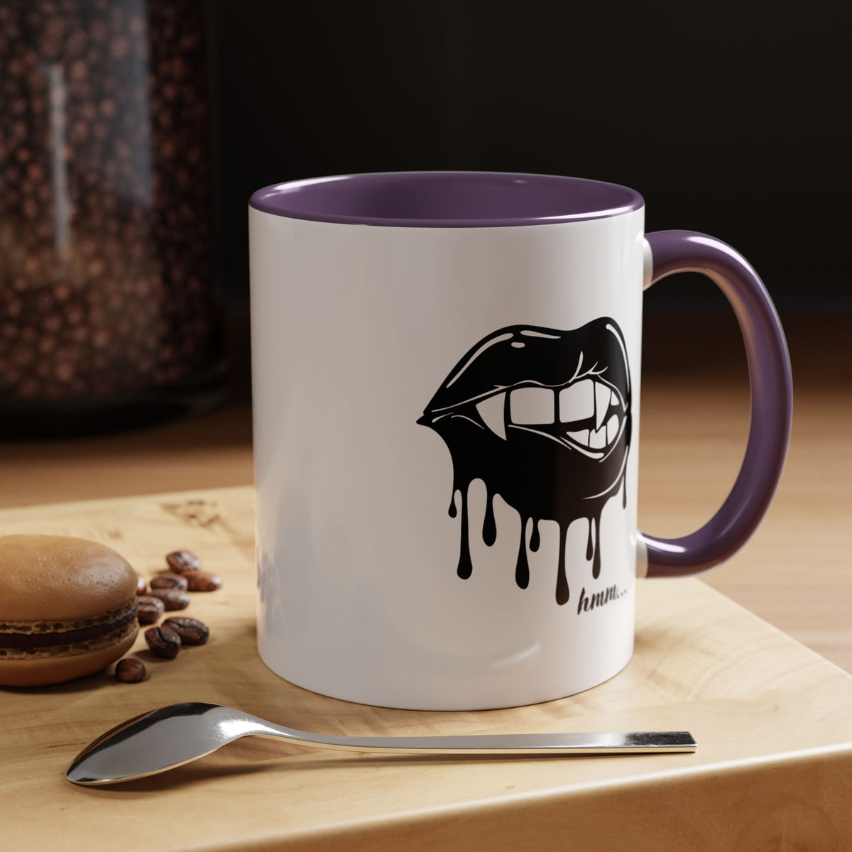 Black Dripping Lips Accent Coffee Mug with bite graphic, 11oz or 15oz, by Printify, showing the bold lip design on the mug surface.