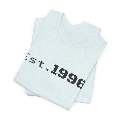 Vintage Est. 1998 T-shirt by Printify featuring a graphic design celebrating the year of birth.