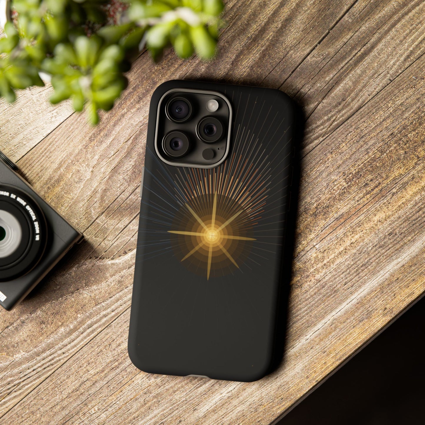 Tough Cases - Radiant Star Phone Case, Protective Black Shockproof Cover with Golden Light Design