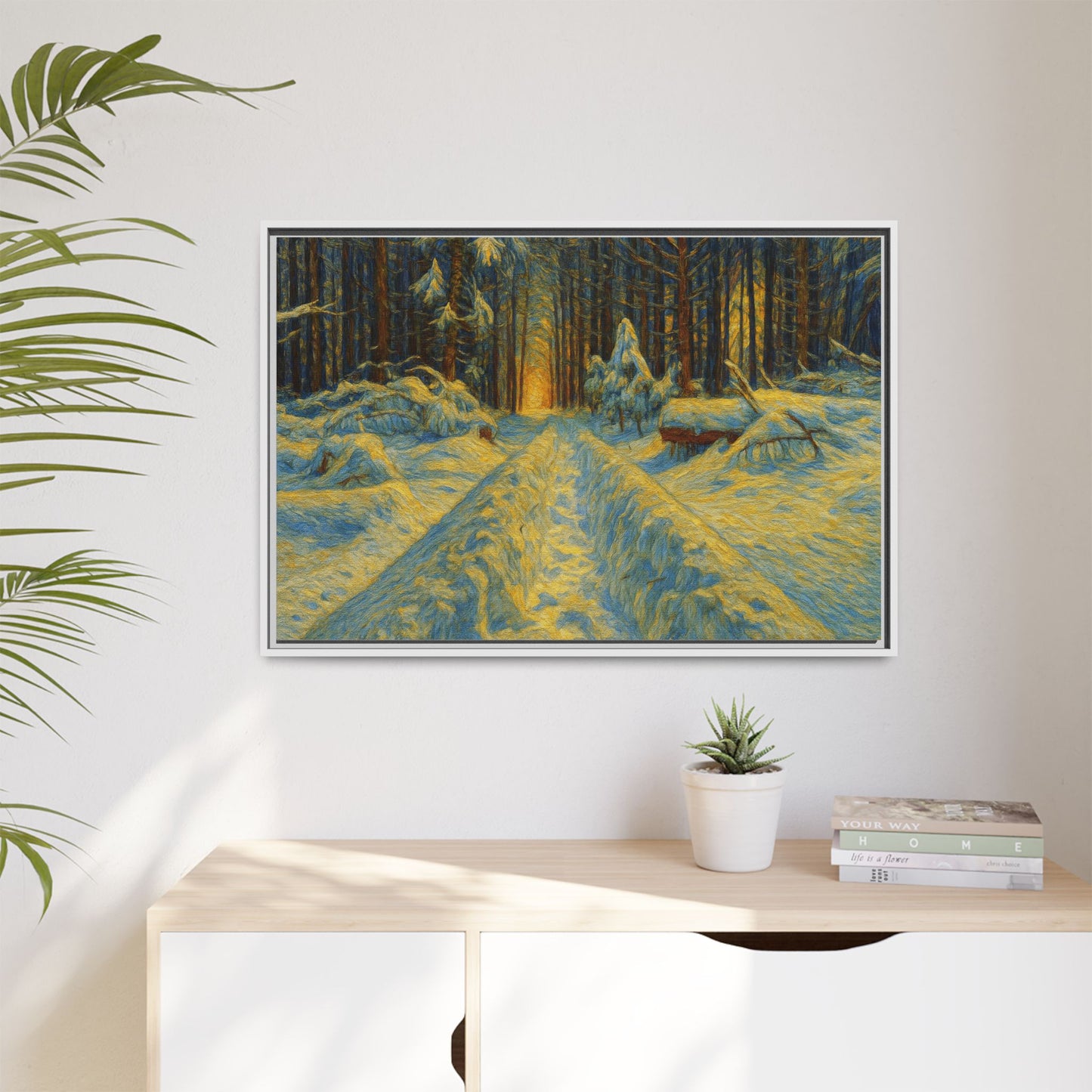 Framed matte canvas print of a snowy forest path at sunset, wall art by Printify showcasing winter landscape scenery.