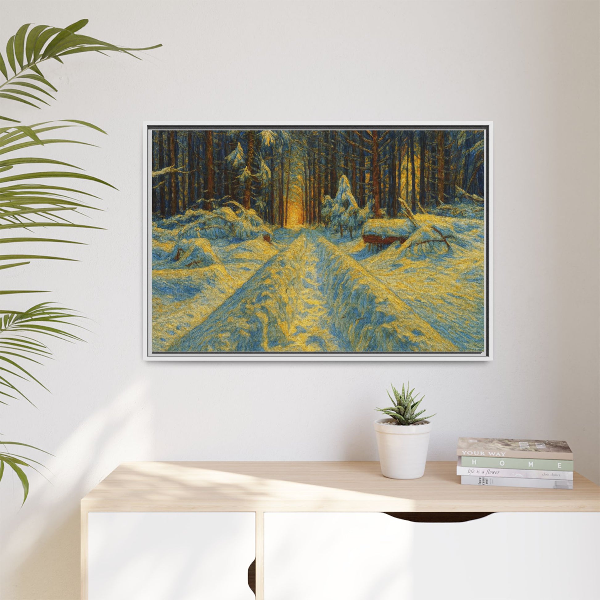 Framed matte canvas print of a snowy forest path at sunset, wall art by Printify showcasing winter landscape scenery.