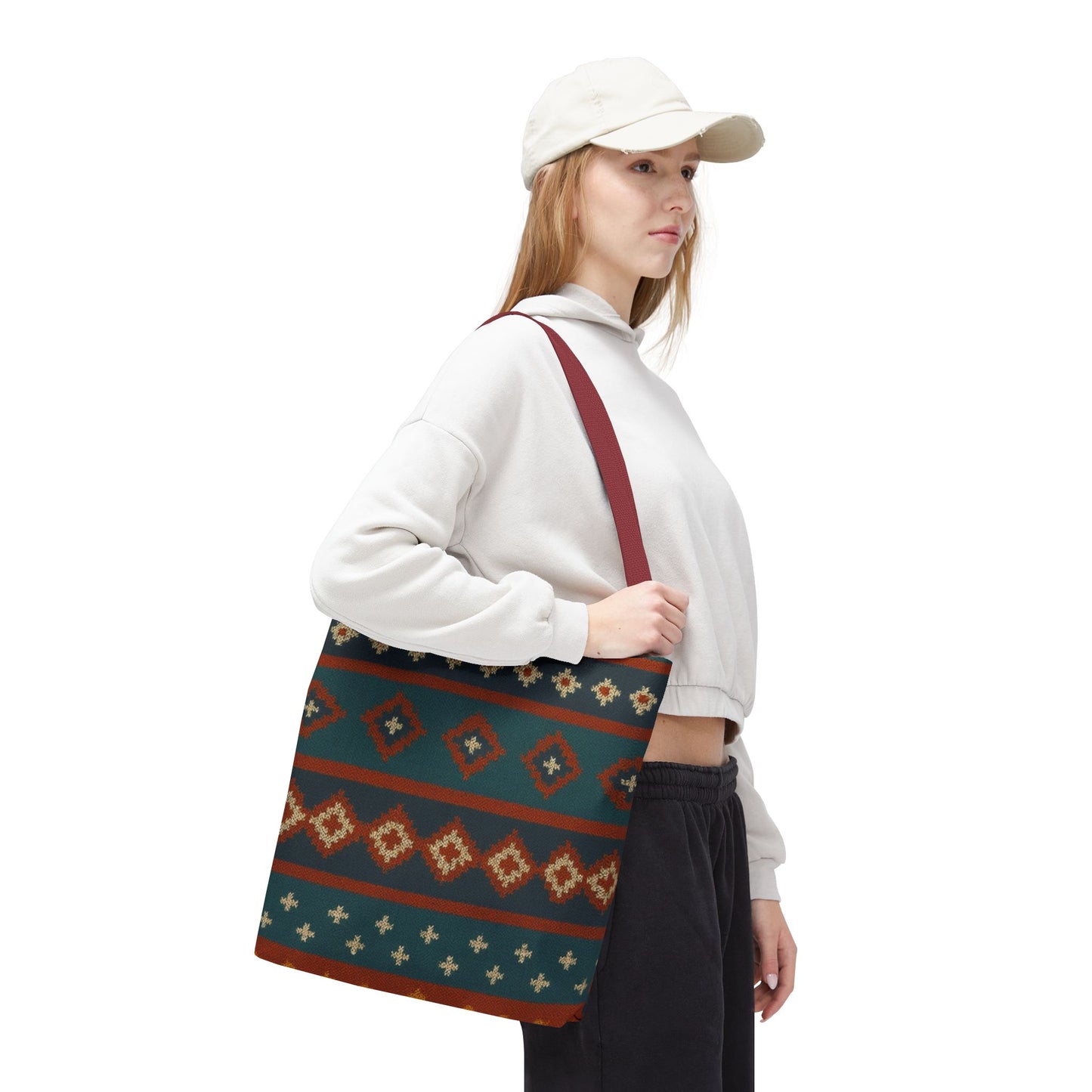 Southwestern diamond pattern tote bag with Aztec tribal geometric print, featuring sturdy handles and vibrant design.