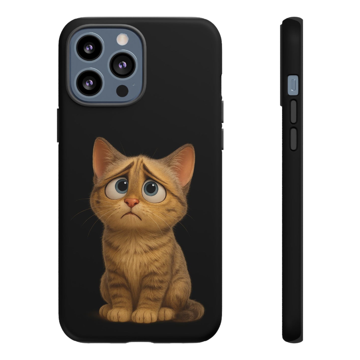 Cute cat phone case featuring a sad kitty design, protective iPhone case by Printify for stylish smartphone protection.