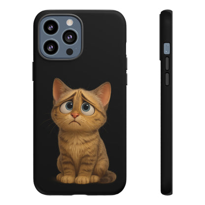 Cute cat phone case featuring a sad kitty design, protective iPhone case by Printify for stylish smartphone protection.