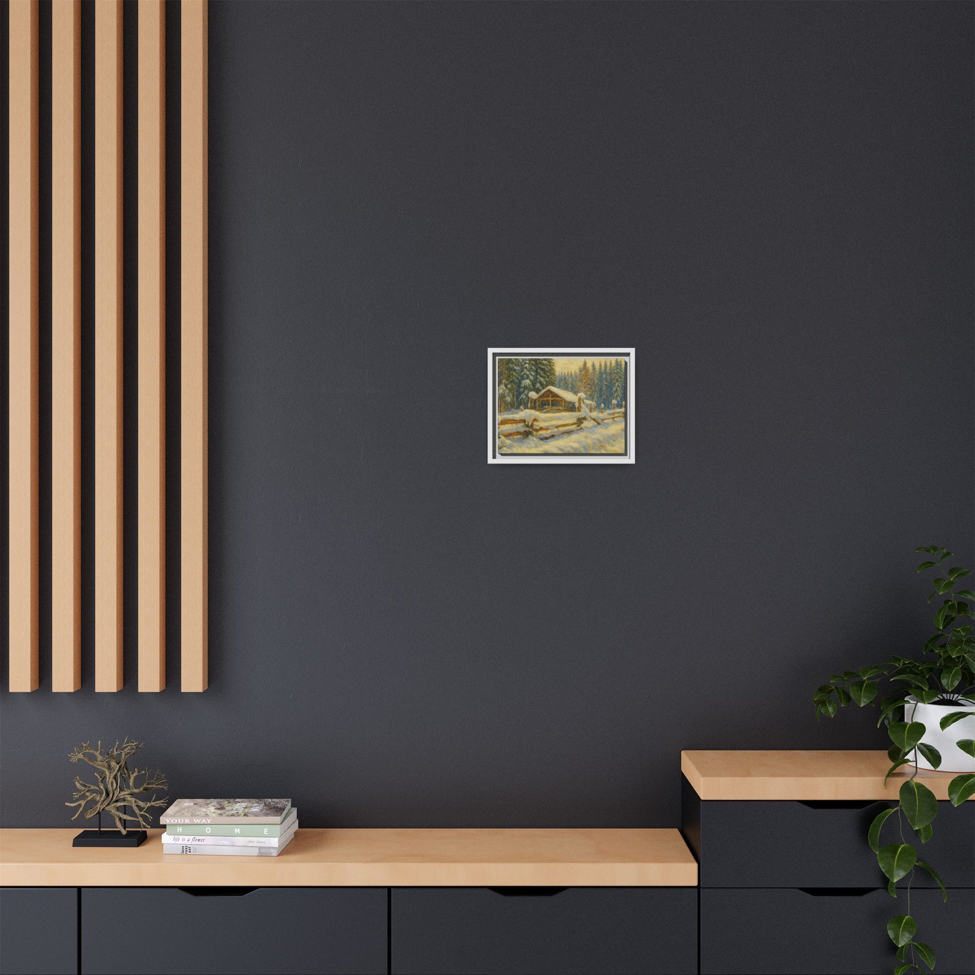 Snowy cabin winter landscape canvas wall art from Printify featuring a matte framed print of a cozy snowy scene.