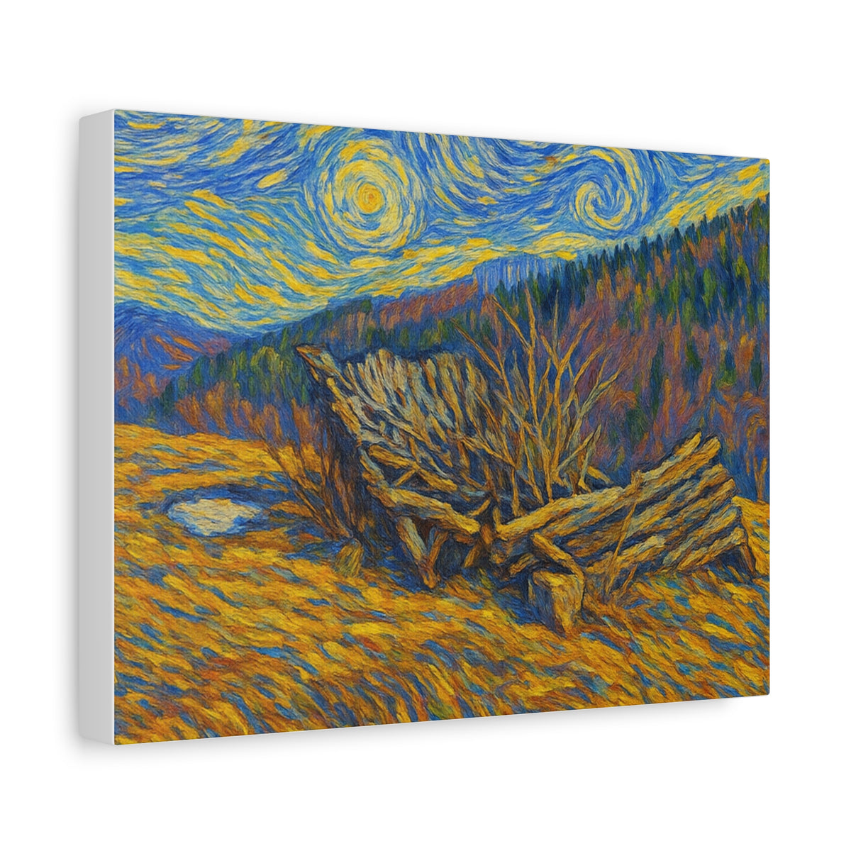 Impressionist Starry Landscape canvas print by Printify featuring a vibrant night sky with stars and a scenic landscape.