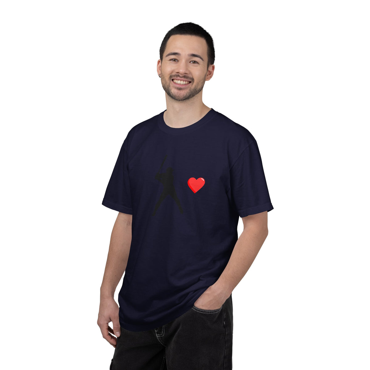 White baseball batter heart T-shirt by Printify featuring a graphic of a batter with a heart-shaped bat on the front.