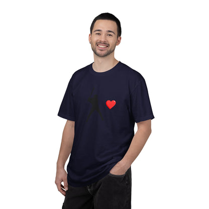 White baseball batter heart T-shirt by Printify featuring a graphic of a batter with a heart-shaped bat on the front.