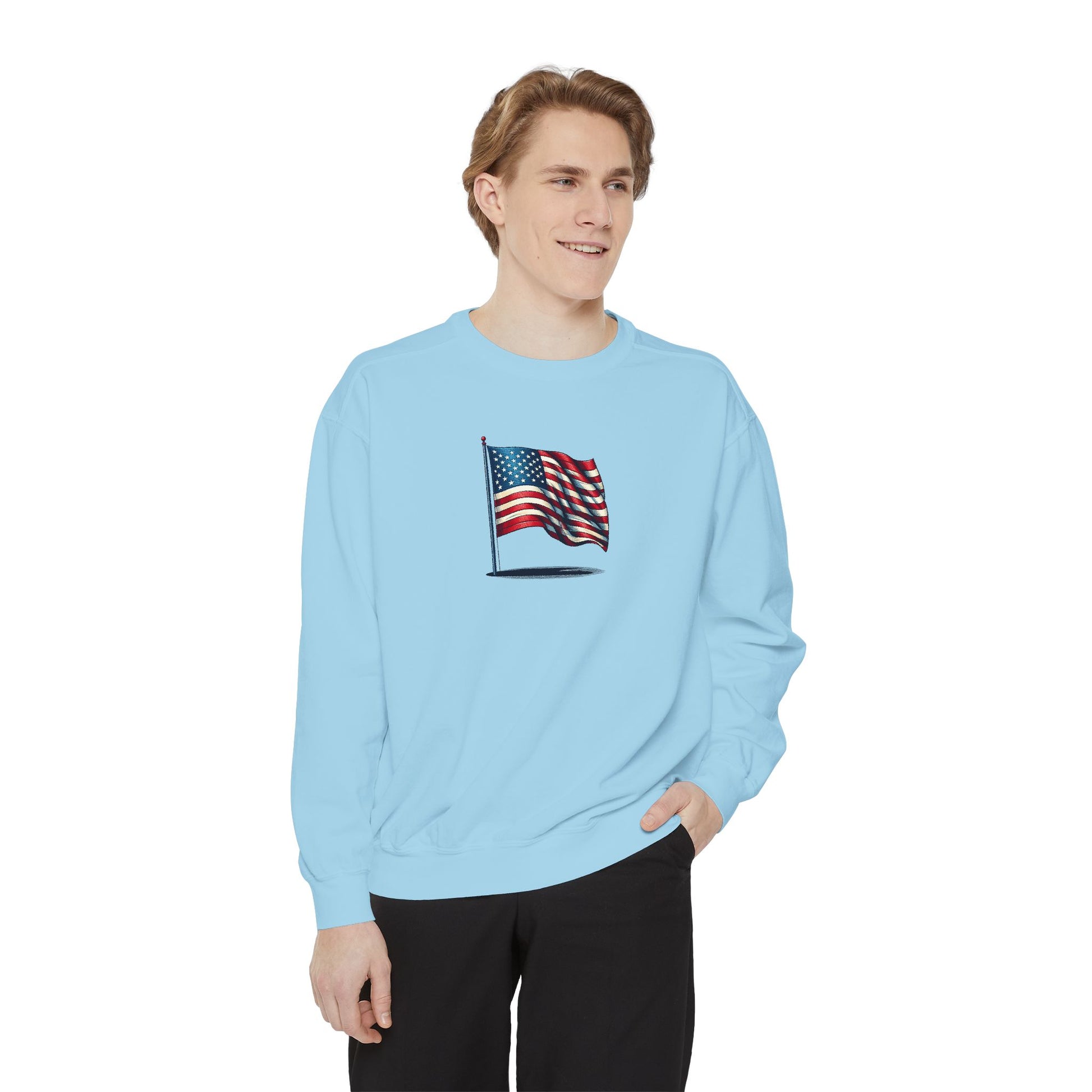 Patriotic Unisex Garment-Dyed Sweatshirt with Vintage American Flag, Cozy Fall Outfit, Statement Sweater, Gift for Veterans, Casual Fashion - TRV