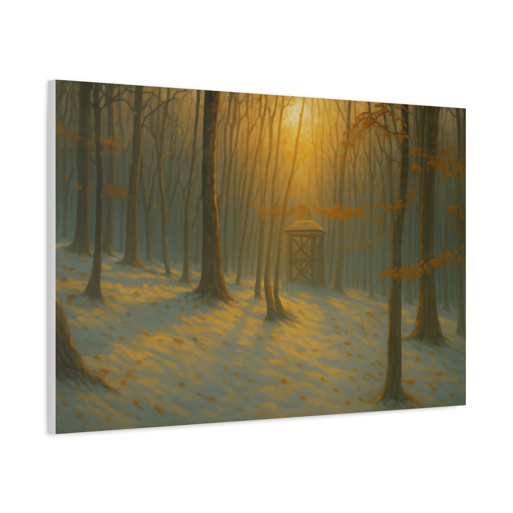 Matte stretched canvas print of a misty forest sunrise landscape, featuring soft colors and detailed nature scene.