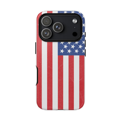 American flag tough phone case for iPhone by Printify, featuring durable patriotic design with bold red, white, and blue colors.