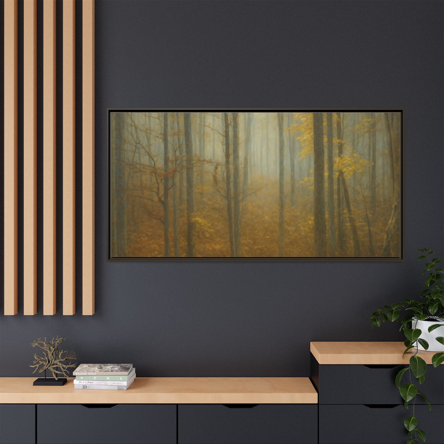 Framed matte canvas wall art of a misty autumn forest scene, featuring vibrant fall colors and detailed natural landscape.