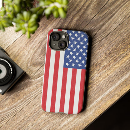 Durable American flag phone case for iPhone by Printify, featuring a patriotic design and protective bumper.