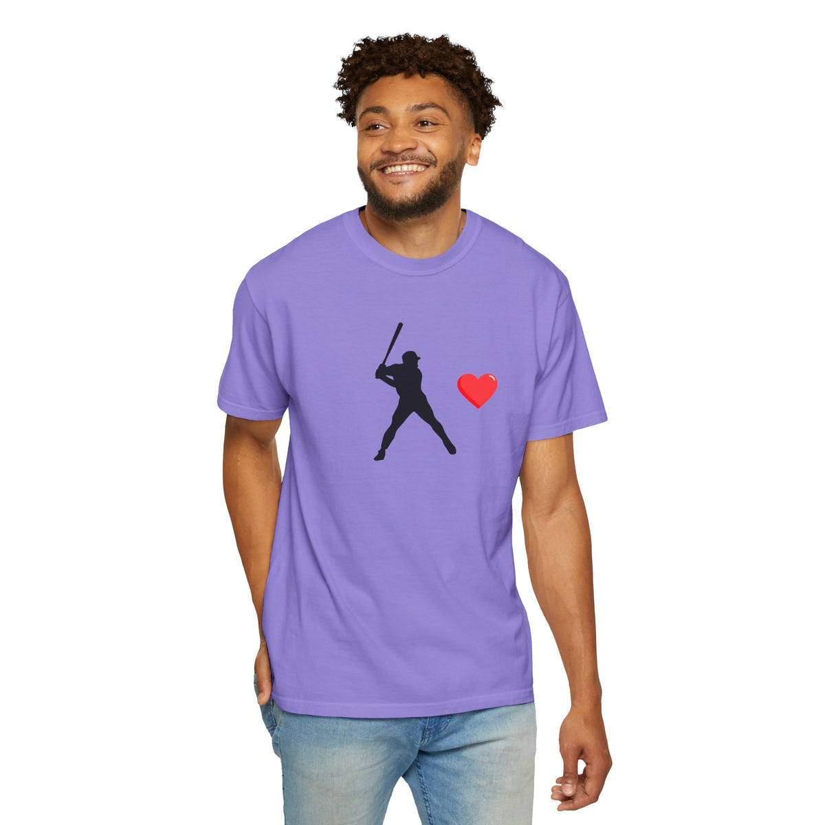 Black baseball batter heart T-shirt by Printify, featuring a graphic of a batter swinging with a heart design.