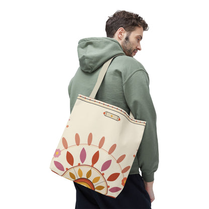 Boho floral mandala tote bag with pastel sunburst pattern, featuring vibrant floral and geometric design on printed canvas.