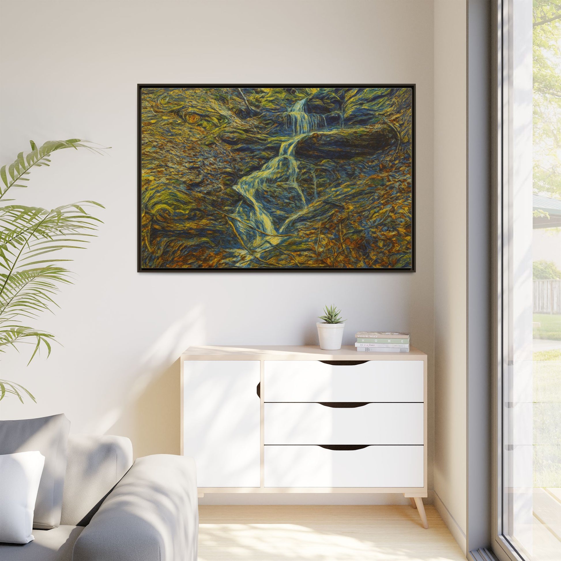Framed matte canvas wall art of an autumn forest with a waterfall, featuring vibrant fall colors and natural scenery.