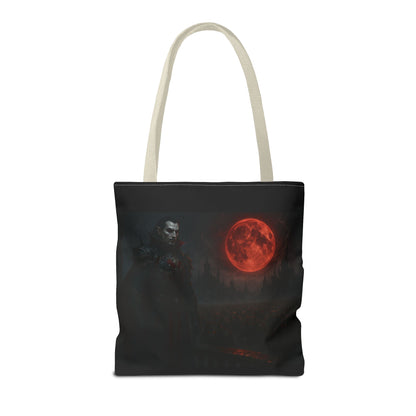 Gothic Dracula tote bag featuring moonlit vampire art, ideal for Halloween, by Printify, made of durable fabric with handles.