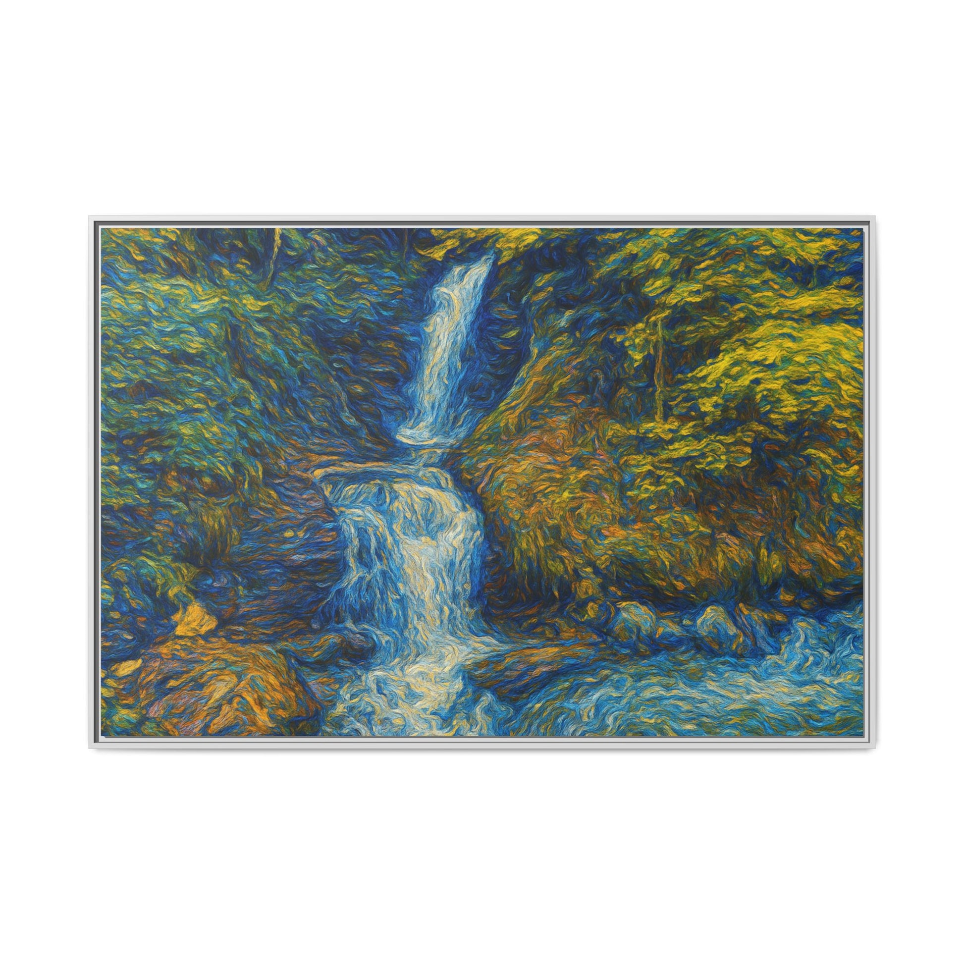 Framed matte canvas print of an impressionist waterfall wall art by Printify, featuring vibrant colors and textured brushstrokes.