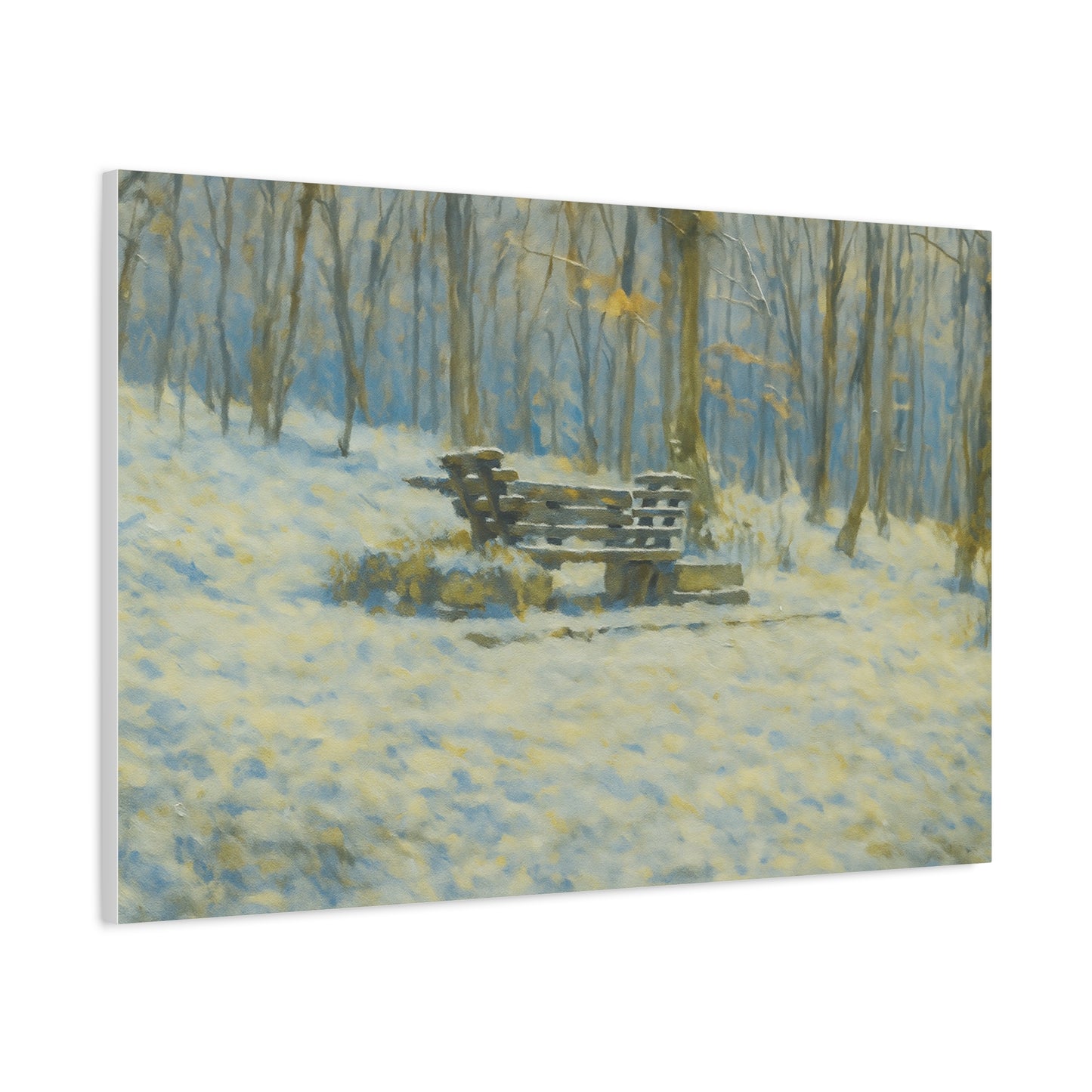 Snowy park bench matte canvas print featuring winter woodland scene, stretched 1.25-inch wall art by Printify.