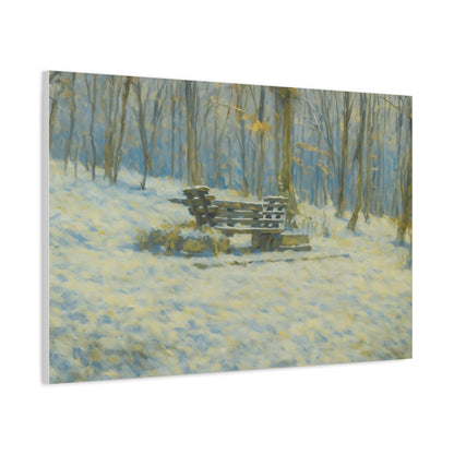 Snowy park bench matte canvas print featuring winter woodland scene, stretched 1.25-inch wall art by Printify.