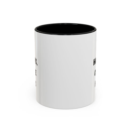 Black ceramic mug with "Life Happens Coffee Helps" slogan, 11/15oz size, with black handle and rim, by Printify.