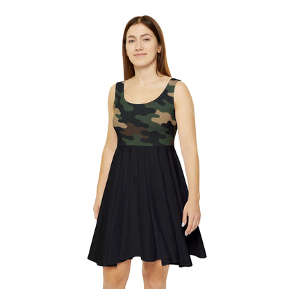 Women's camo print skater dress with all-over camouflage pattern, casual summer style by Printify.