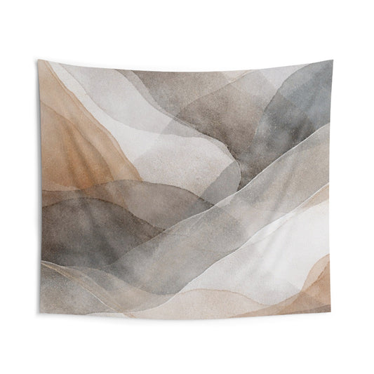 Abstract watercolor mountains indoor wall tapestry featuring neutral landscape art with soft mountain and sky tones.