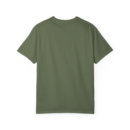 Unisex garment-dyed T-shirt with printed logo design, made by Printify, casual and comfortable for everyday wear.