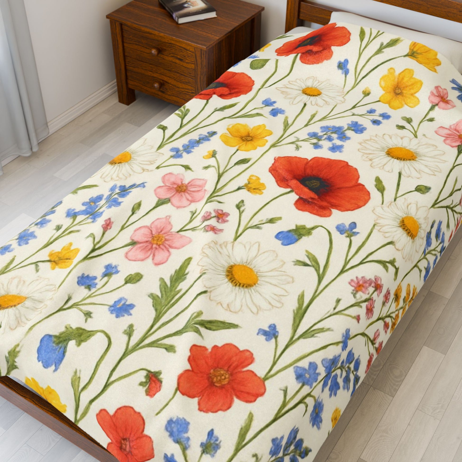 Wildflower Meadow Velveteen Plush Blanket | Poppy Daisy Floral Throw - TRV