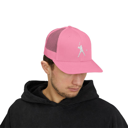 Vintage baseball snapback trucker cap with batter silhouette design, branded by Printify, featuring a classic adjustable hat style.