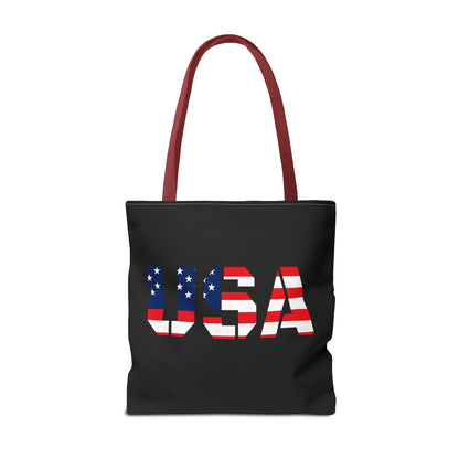 Patriotic USA flag tote bag by Printify, reusable summer carryall perfect for 4th of July celebrations and outdoor events.