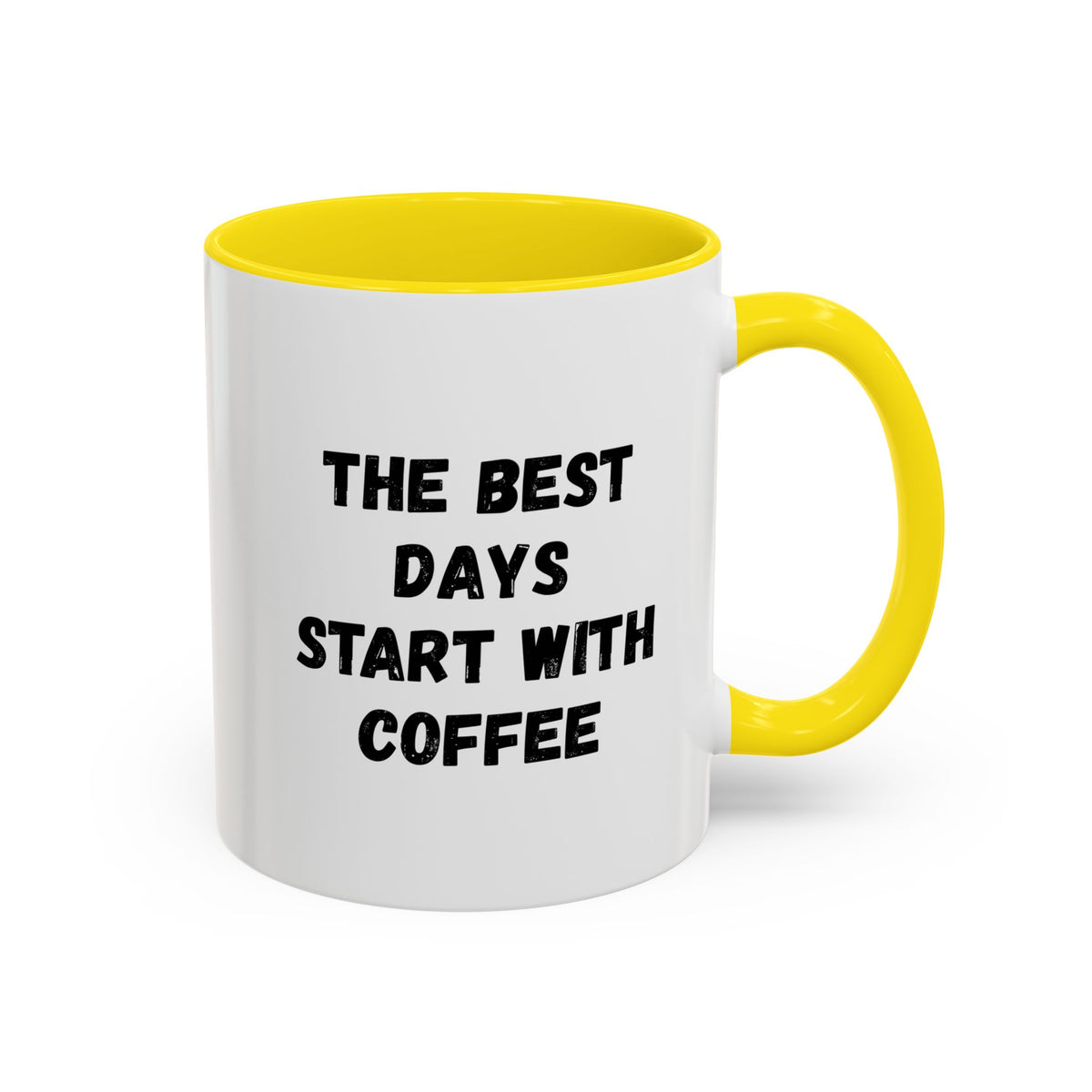 Ceramic coffee mug with "The Best Days Start With Coffee" print, 11oz, white with colorful lettering, by Printify.