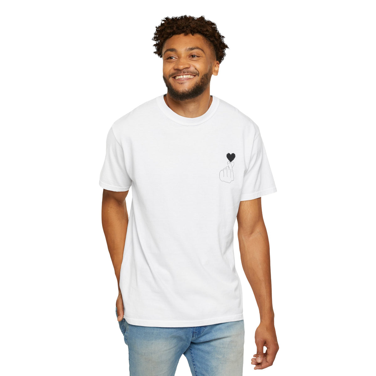 Black T-shirt featuring a minimalist white finger heart graphic, designed by Printify for a simple and stylish look.