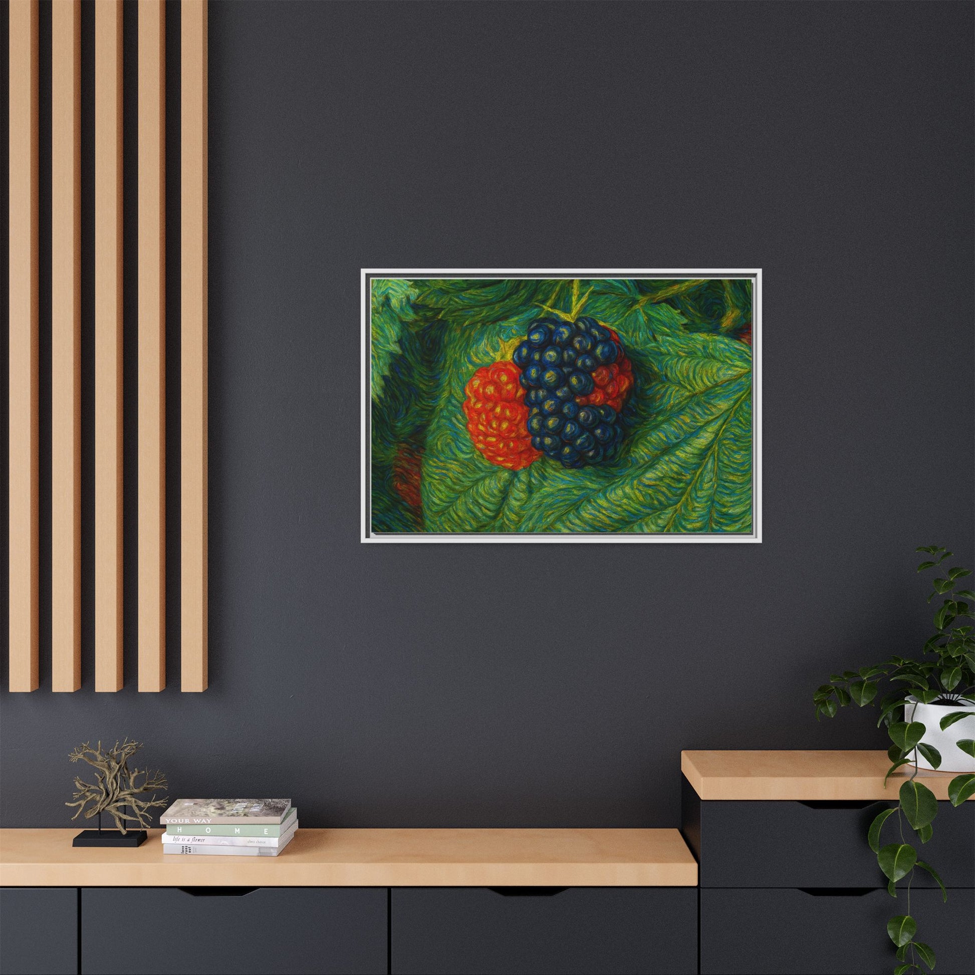 Framed canvas print of a blackberry still life artwork by Printify, featuring detailed blackberries on a textured canvas background.