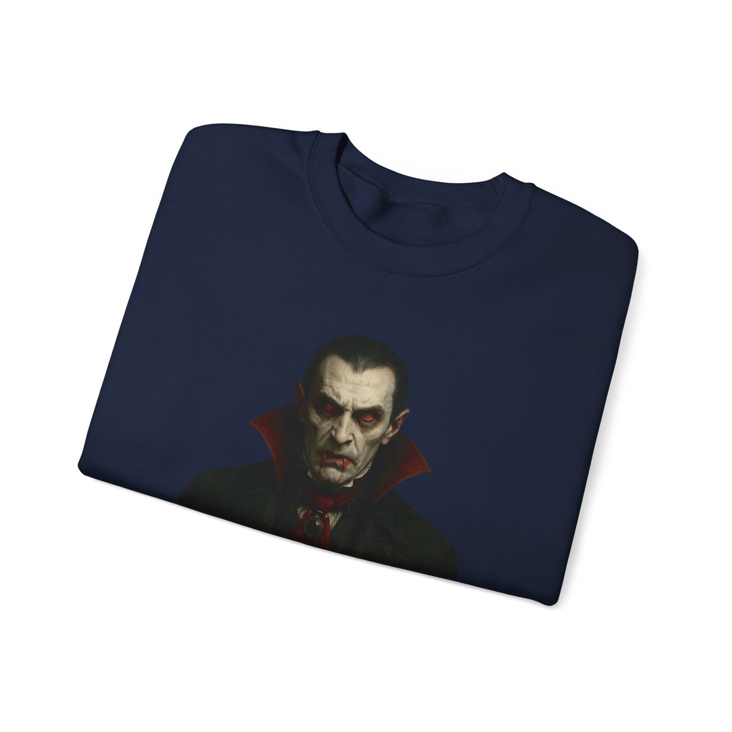 Black vampire portrait crewneck sweatshirt by Printify featuring a detailed vampire face design on the front.