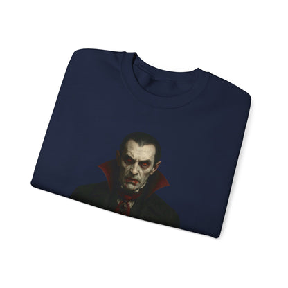 Black vampire portrait crewneck sweatshirt by Printify featuring a detailed vampire face design on the front.