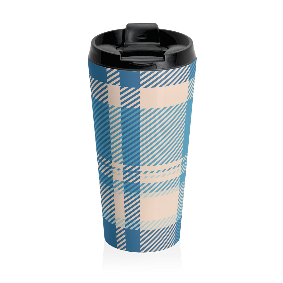 Blue and cream plaid 15oz insulated stainless steel travel mug - view 3