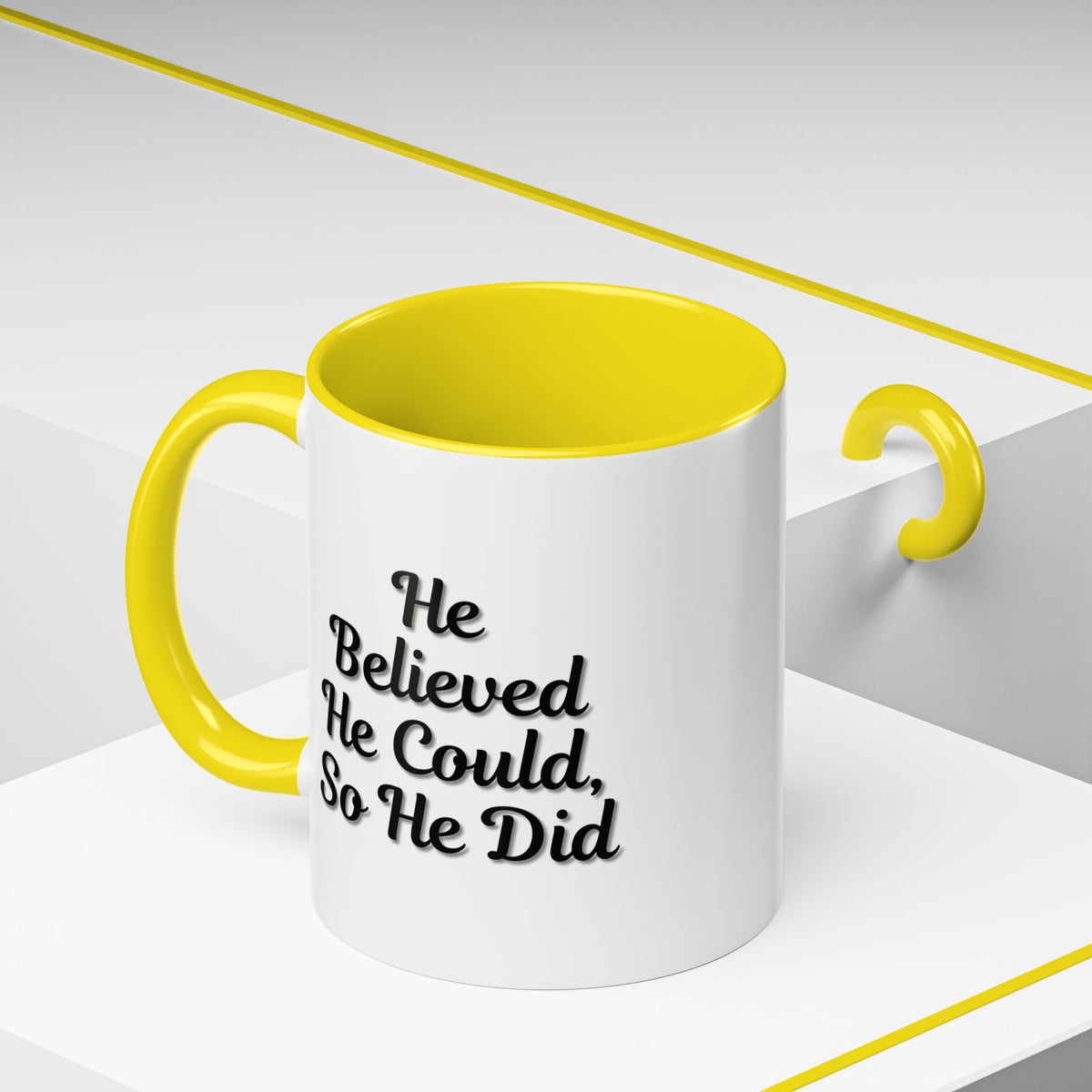 Printify inspirational "He Believed He Could So He Did" coffee mug with motivational text and a classic ceramic design.