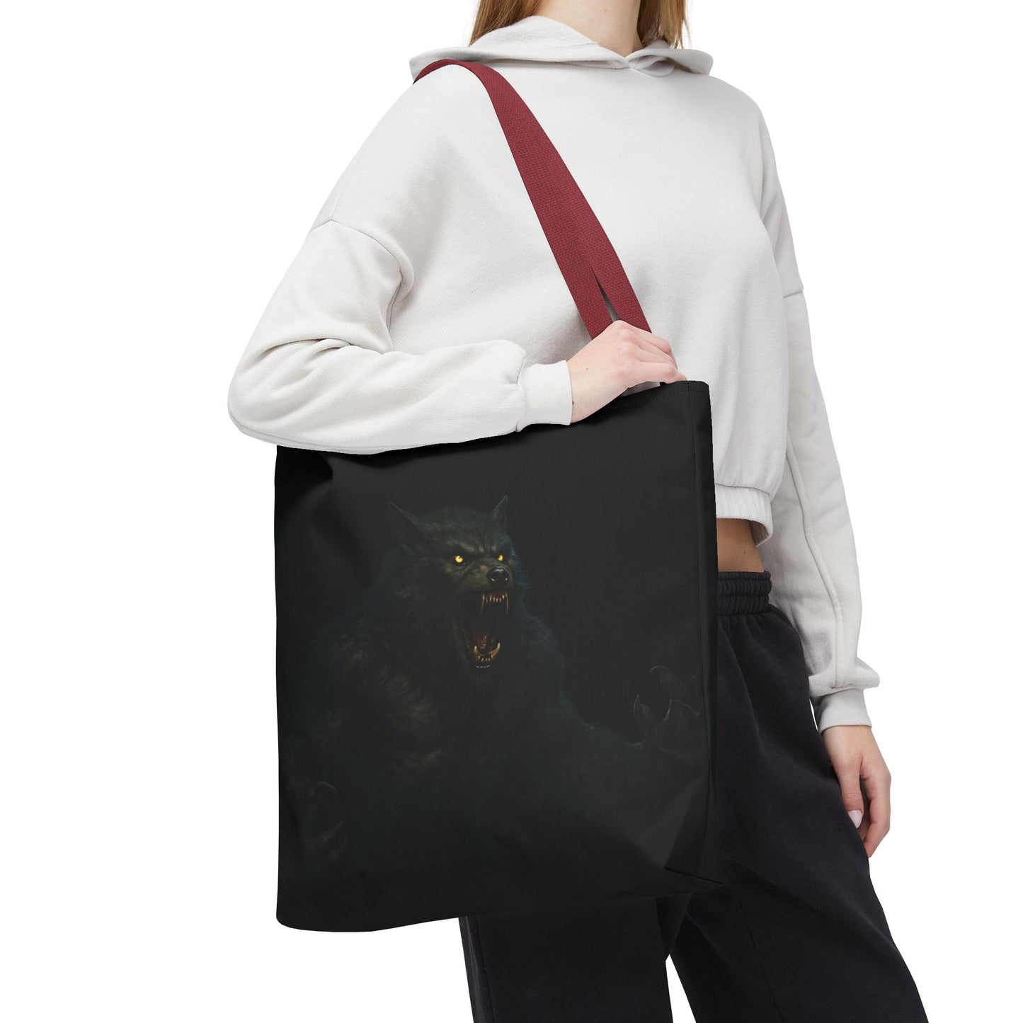 Werewolf tote bag featuring dark Halloween art, ideal for horror fans, made by Printify, showing the spooky design on the bag.