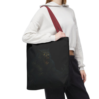 Werewolf tote bag featuring dark Halloween art, ideal for horror fans, made by Printify, showing the spooky design on the bag.