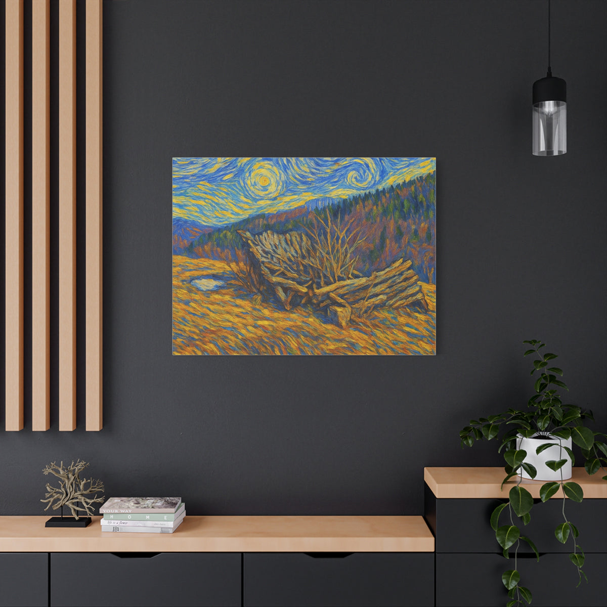 Impressionist Starry Landscape canvas print by Printify showcasing a night sky with stars and scenic landscape in vibrant colors.