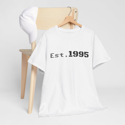 Vintage Est. 1995 T-shirt by Printify featuring minimalist design and birthday theme, shown in a casual style.