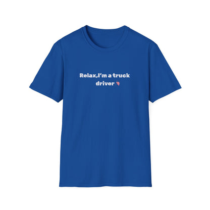 Pink heart graphic on a white Relax, I'm a Truck Driver T-Shirt featuring humorous trucker slogan, casual men's tee by Printify