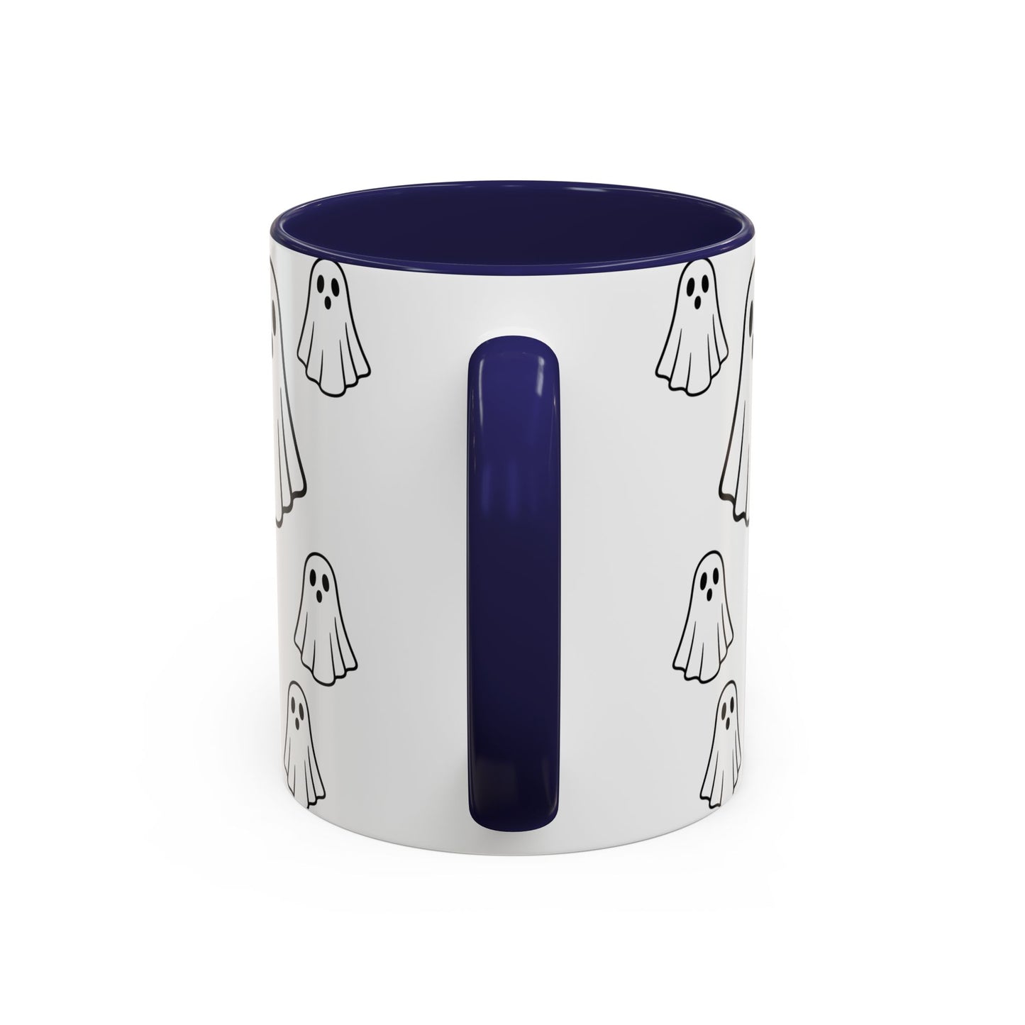 Printify ghost pattern ceramic coffee mug with Halloween-themed design, available in 11oz and 15oz sizes.