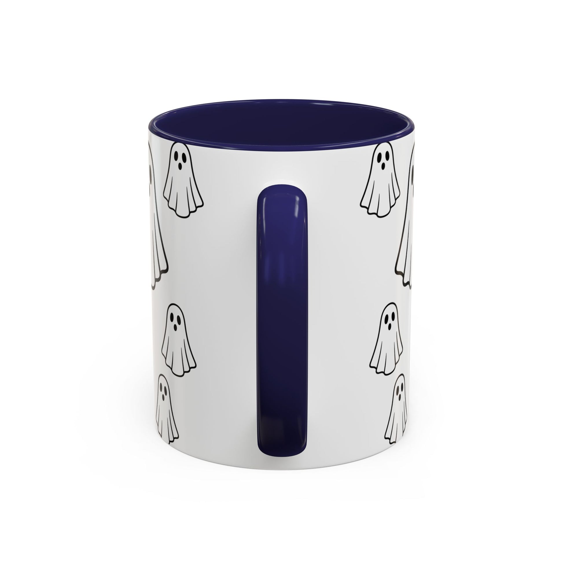 Printify ghost pattern ceramic coffee mug with Halloween-themed design, available in 11oz and 15oz sizes.