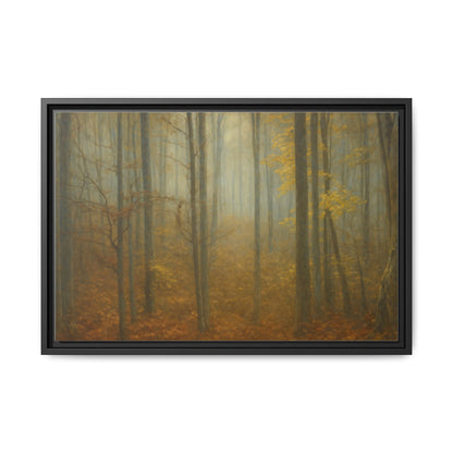 Framed matte canvas wall art of a misty autumn forest scene, featuring vibrant fall foliage and trees, by Printify.